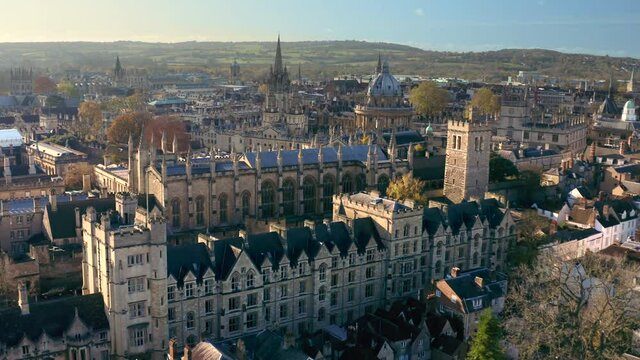 Oxford, United Kingdom. October 2019. Wonderful panorama of medieval city. Wonderful panorama of medieval city. Aerial view of University campus. High quality 4k footage