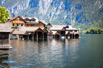Fototapeta na wymiar Old boat houses in Hallstatt, famous ancient village in Austria