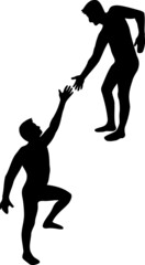Revenue and mutual assistance. Black silhouettes of two men stretch out their hands to help each other climb to the height. Vector help illustration on a white background isolated.