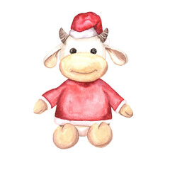 watercolor illustration of a soft toy cow in a santa claus costume.