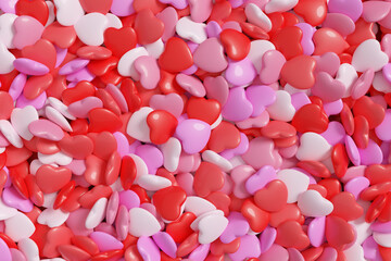 Background of many red, white and pink hearts. 3d illustration.
