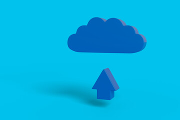 Arrow pointing upwards and a blue cloud on a light blue background. 3d illustration.