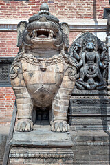 The statue of lion in Durbar Square, Bhaktapur, Kathmandu, Nepal.