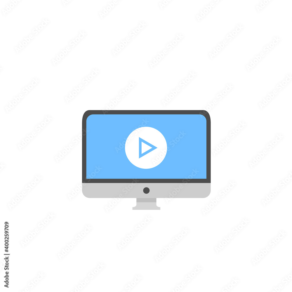 Poster laptop with live stream play button, media device app icon. flat vector illustration of computer scr