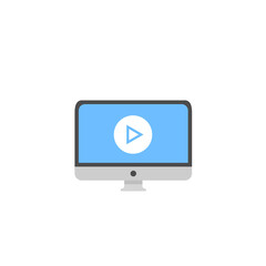 Laptop with Live Stream Play Button, Media Device App Icon. Flat Vector Illustration of Computer Screen with Video Player Open