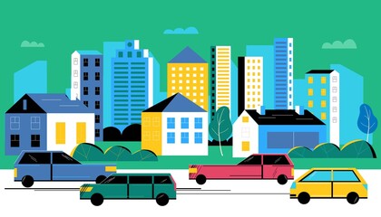  Urban city landscape street with cars, skyline . Traffic on the road. Flat vector style illustration