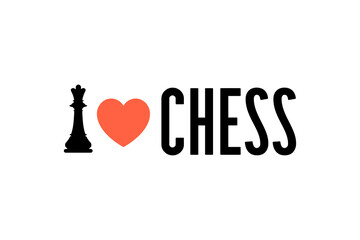 I love chess. Illustration of mad love to chess. The queen figure and the heart sign. Logo concept for souvenirs, badges, T-shirts, stickers and other things. For fans of the chess club.