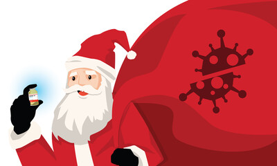 Santa Claus hand sent many dose bottle glass of COVID-19 vaccine gift. Medical and Christmas celebration during coronavirus pandemic concept. Special antivirus healthcare. Holiday greeting. Vector