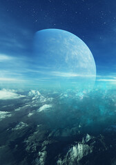 3d rendered Space Art: Alien Planet - A Fantasy frozen landscape with planets and blue skies