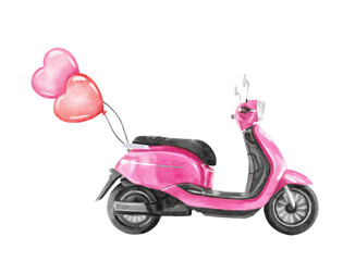 Fototapeta na wymiar Cartoon moped with rainbow balloons; watercolor hand draw illustration; with white isolated background