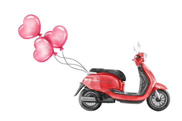 Cartoon moped with rainbow balloons; watercolor hand draw illustration; with white isolated background