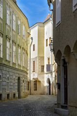 Fototapeta na wymiar old street in the historic city core of Krems situated in the part of the danube valley called Wachau, Austria
