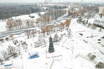 a beautifully decorated outdoor Christmas tree stands in the city park next to the river