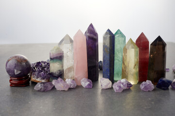 Healing Chakra crystals. Meditation, Reiki or spiritual healing background.
