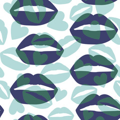 pattern design of a green lips and hearts on white background. 