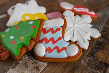 Gingerbreads with different decorations from confectionery mastic