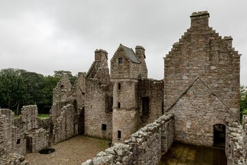 Fototapeta na wymiar Courtyard of Tolquhon Castle in Tarves, Ellon, Scotland in overcast weather