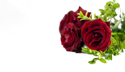 banner with flower bouquet of red roses on isolated white background with copy space for valentines day holiday