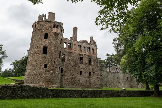 Legendary Huntly Castle in Scotland, UK in early evening with stone wall