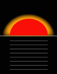 schematic graphic abstract illusration, symbolic poster of sunrise sunset and ripples on the water, red glowing burning sun on black background in post moden style. Vintage geometric.