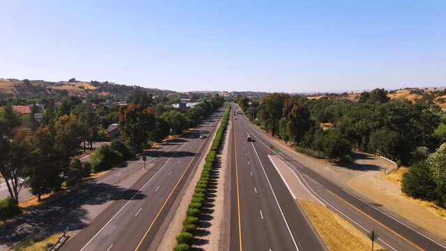 2020 - An excellent aerial shot of traffic driving along the 101 freeway in San Luis Obispo, California.
