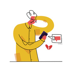 Vector flat illustration with concept of bullying, aggression, swearing, dislike, breaking relationship in message. Man is shown looking at phone with dislike and disappointed, scared.
