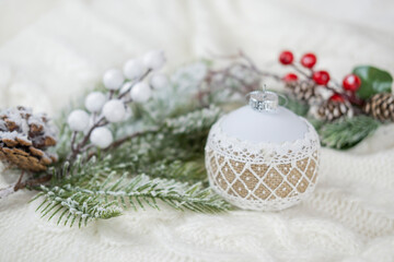 festive greeting card with decor white ball toy for christmas tree decoration