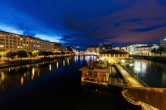 Switzerland, Geneva, Architecture of Geneva along Rhone River