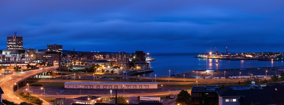 Canada, New Brunswick, Saint John, City and bay at dusk