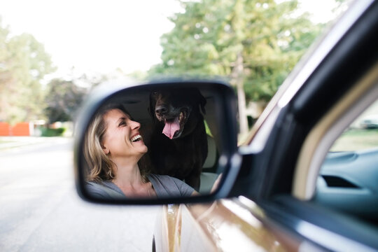 Woman and Labrador Retriever reflecting in side-view mirror