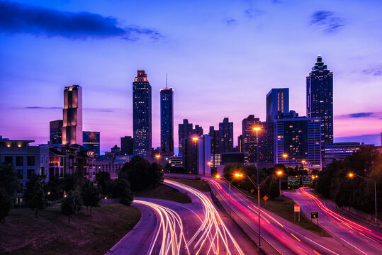 USA, Georgia, Atlanta, City skyline at dusk