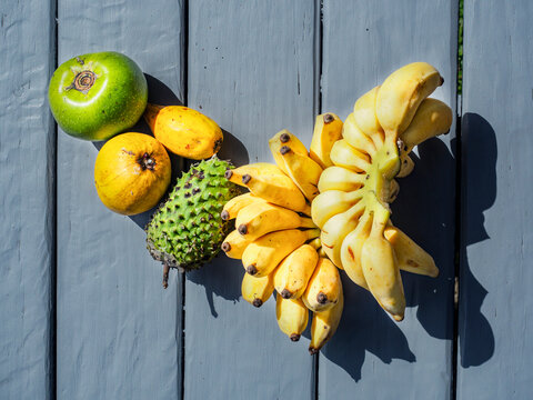 Fruits on black floor