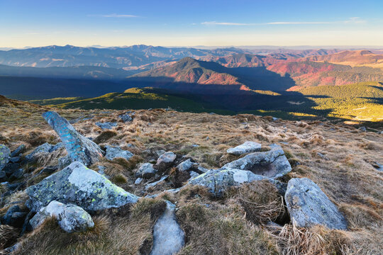 Ukraine, Zakarpattia region, Carpathians, Chornohora, mountain Hoverla, Blue sky over mountain range