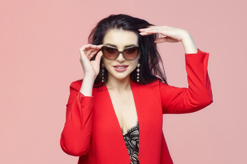 charming brunette with long hair and sunglasses