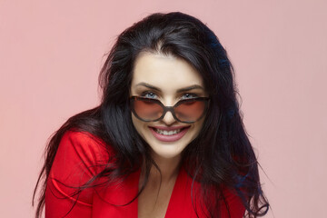 charming brunette with long hair and sunglasses