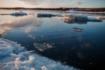 Ice floats on the river in spring.