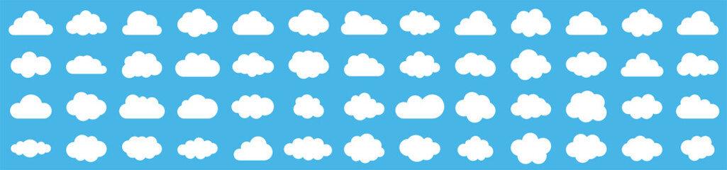 Set of clouds.Abstract white cloudy set isolated on blue background. Different shape cartoon white clouds on blue background. Cloud vector set. Vector illustration