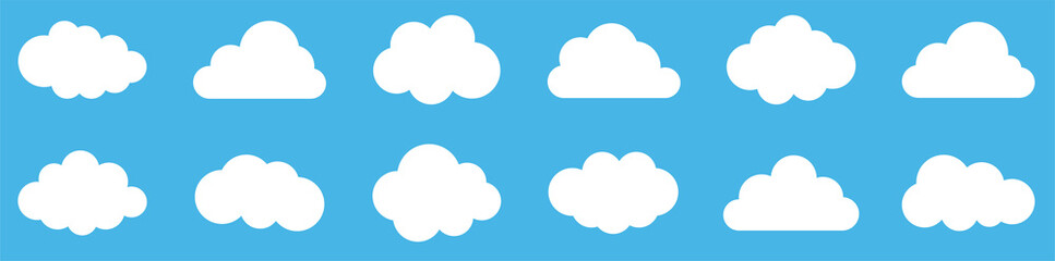 Set of clouds.Abstract white cloudy set isolated on blue background. Different shape cartoon white clouds on blue background. Cloud vector set. Vector illustration