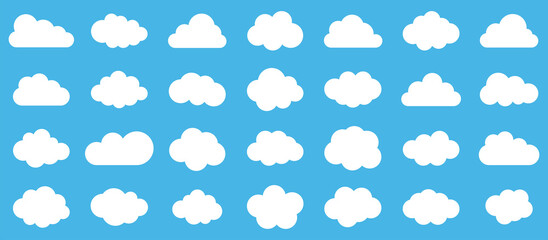 Obraz premium Set of clouds.Abstract white cloudy set isolated on blue background. Different shape cartoon white clouds on blue background. Cloud vector set. Vector illustration