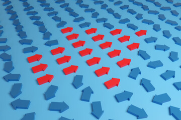 Small red arrows pointing in the same direction form one big arrow next to many blue arrows pointing in different directions. 3d illustration