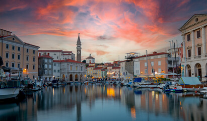 Piran, beautiful sunset, Slovenia, Background, reflection, travel, harbor, harbour, vacation, 