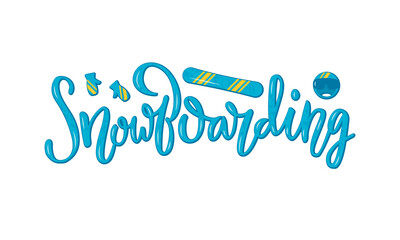 Vector illustration of snowboarding lettering for banner, poster, shop advertisement, souvenirs, stickers, clothes, sport equipment design. Handwritten text for web or print 
