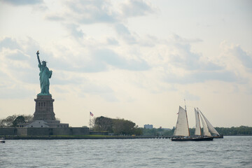 Fototapeta premium New York, NY, USA - May 30, 2019: View to the Statue of Liberty from Staten Island Ferry