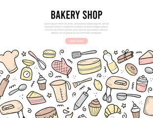 Hand drawn set of baking and cooking tools, mixer, cake, spoon, cupcake, scale. Doodle sketch style. Illustration for frame, banner, bakery site design.
