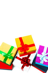 Celebration Concepts. Bunch of Colorful Wrapped Up Gift Boxes Placed In Line Against White Background.