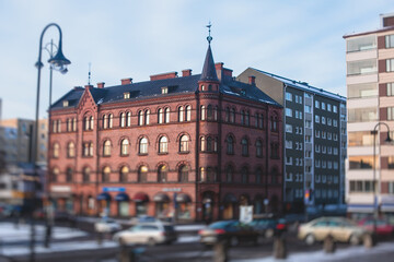 Streets of Tampere, Pirkanmaa, western part of Finland, vibrant winter city view, with town hall, church, and cathedral