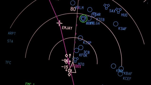 Flight navigation display of a modern airliner at night. Airborne footage.