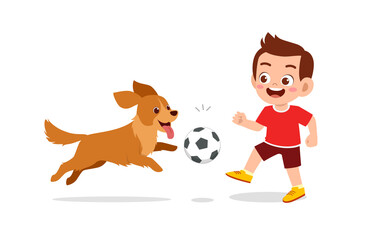 happy cute little kid boy and girl play with pet dog