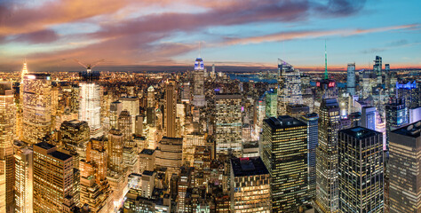 NEW YORK CITY - DECEMBER 6, 2018: Manhattan sunset skyline from city rooftop on a winter night