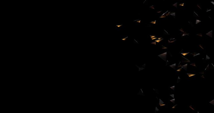 Shiny rotating cloud of golden triangles. Polygonal geometric pattern animation with copyspace. Dark background with bright glare triangles
